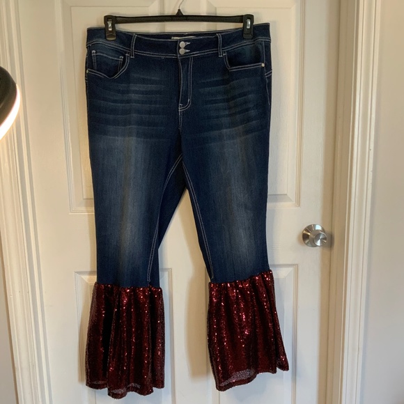 Denim - SEQUIN Bell Bottom Burgundy Jeans Size 18